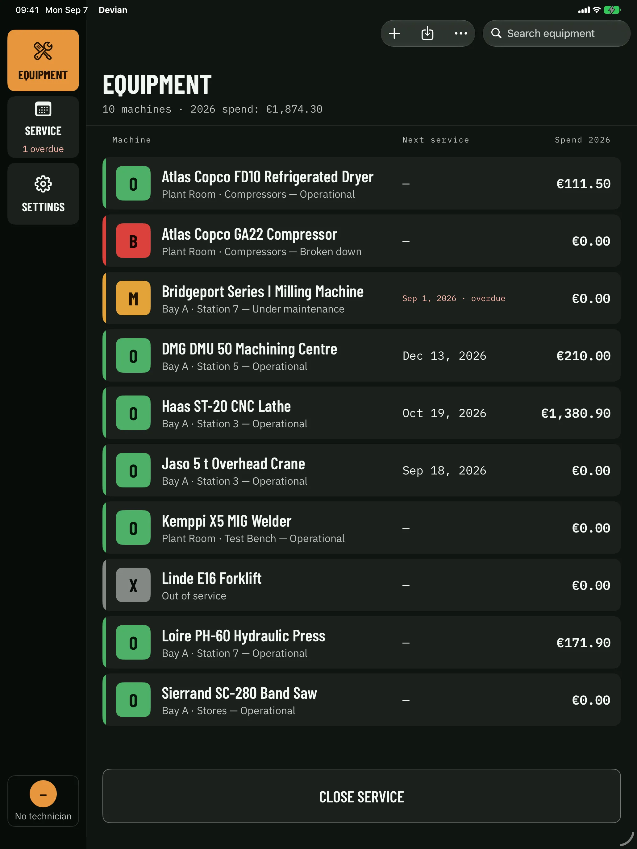 Devian on iPad: the inventory with the sections on the left and ten machines with their status, next service and this year's spend