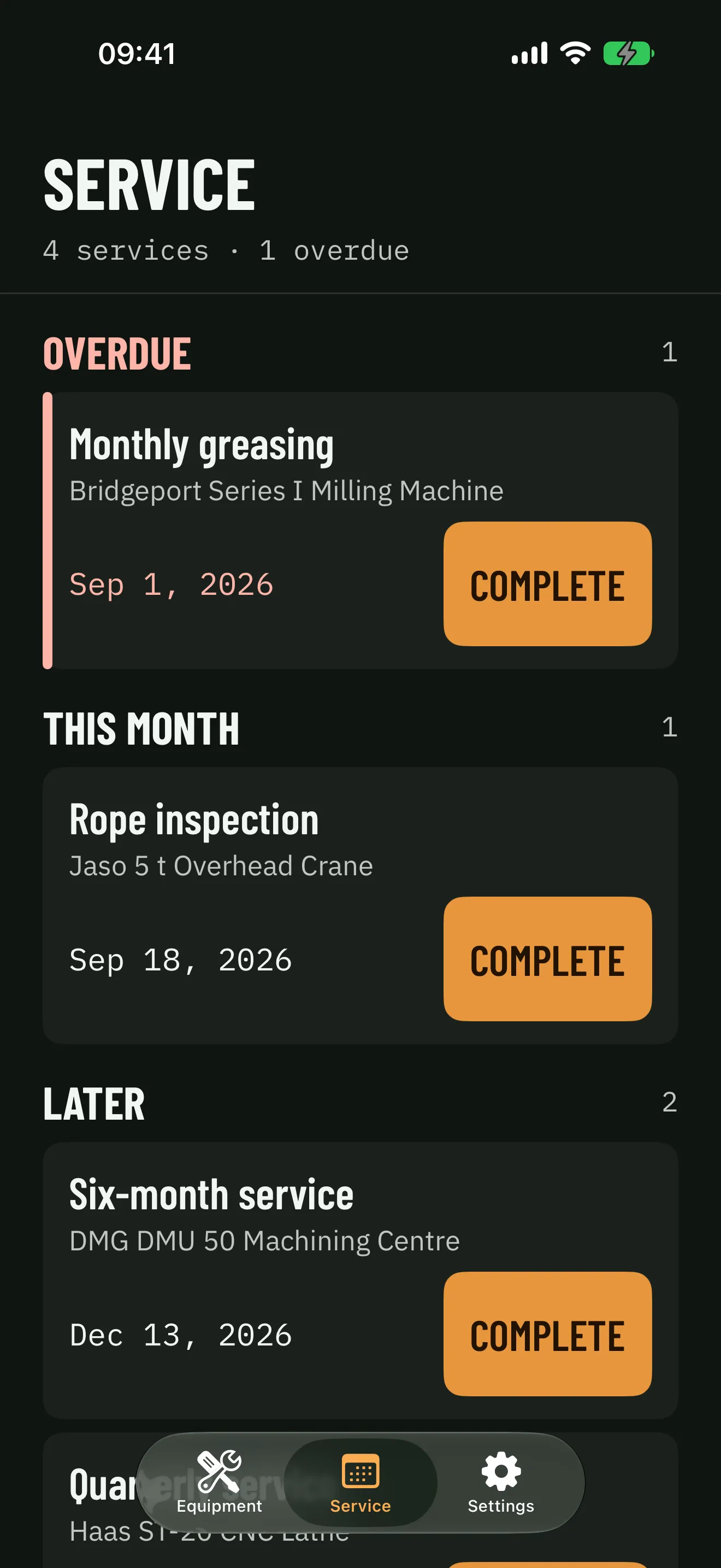 Devian on iPhone: the service schedule with one overdue at the top, this month's and later ones, each with its complete button